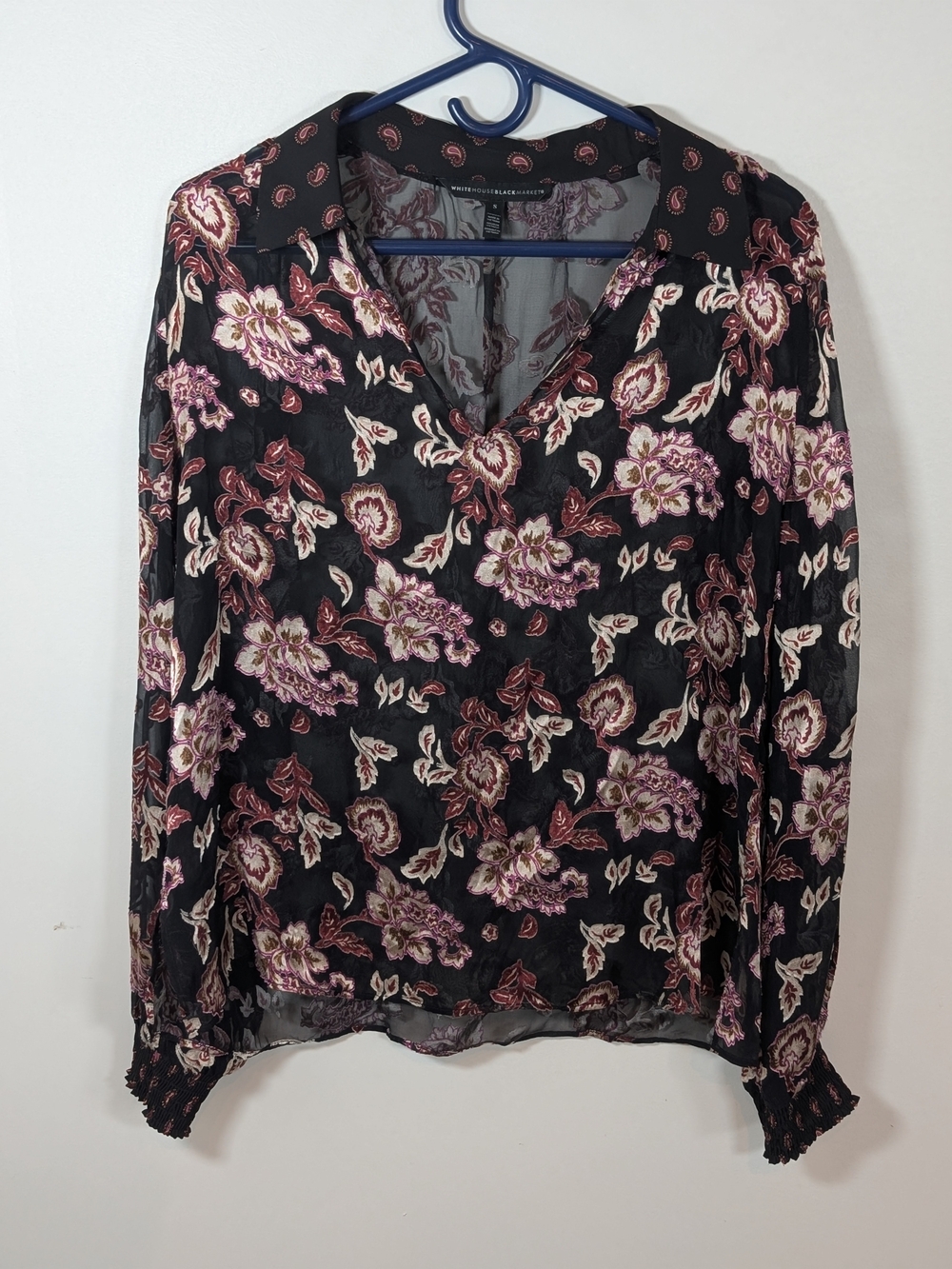 Polyester blouse, White House Black Market paisley print v-neck top with sheer s